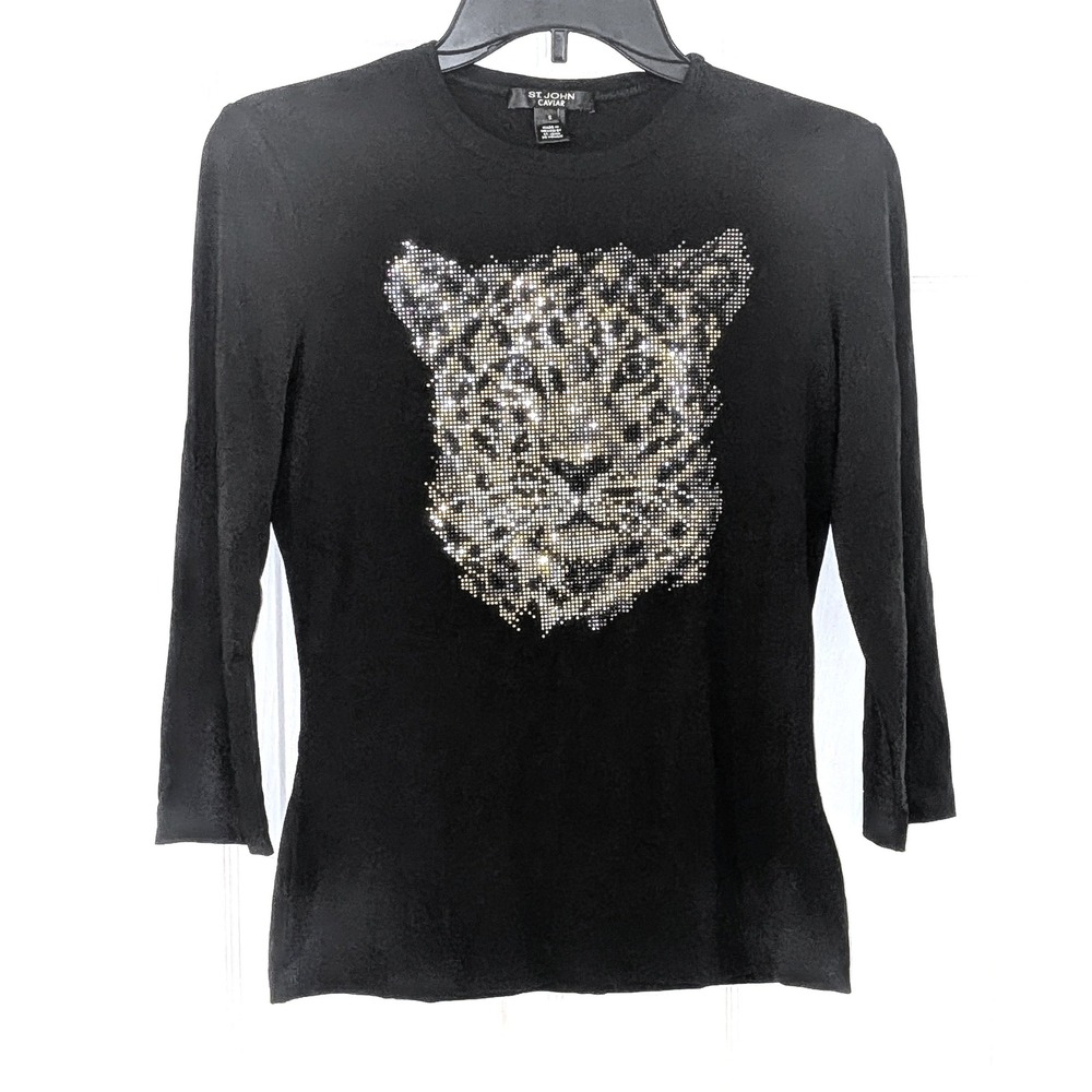 St John‎ Caviar Black Rhinestone Leopard Head 3/4 Sleeve Top Small Jersey Knit